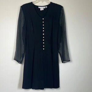 Vintage Paris Sports Club Little Black Dress wSheer Sleeve Pearl buttons Size 7